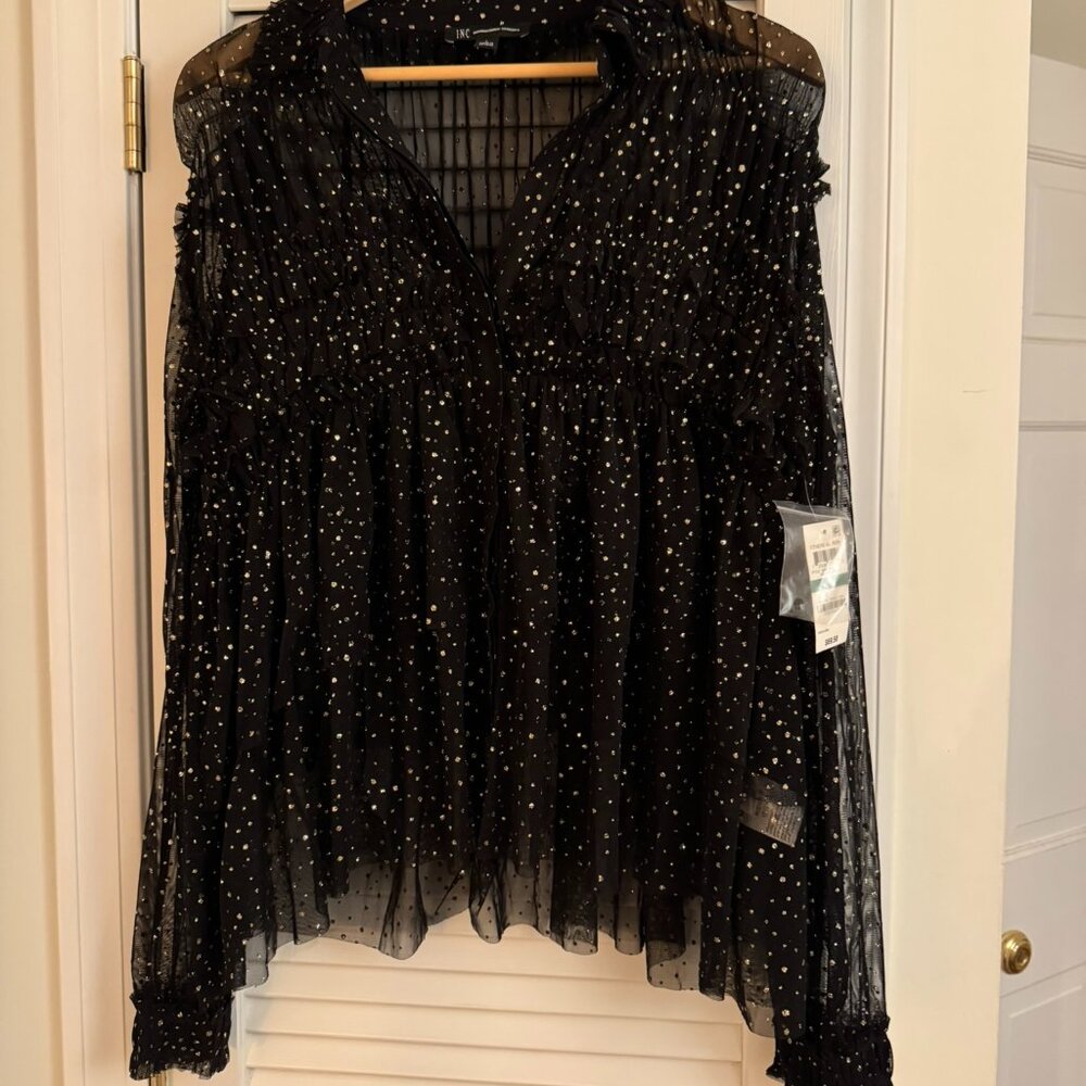 Sheer Long Sleeve Blouse with Gold Sparkles, Size L